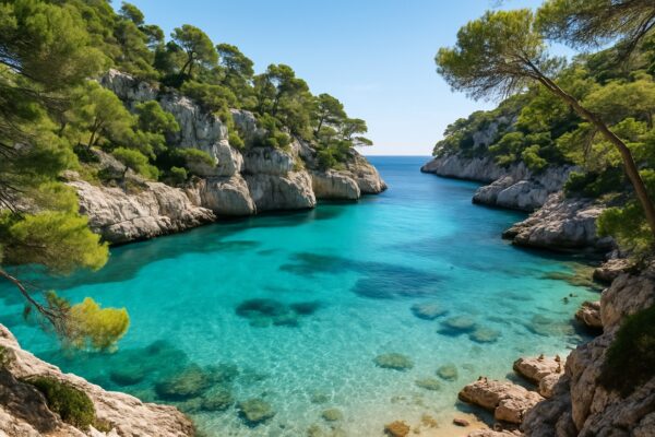 Bucht mit türkisem Wasser und Felsen auf einer Mittelmeerinsel