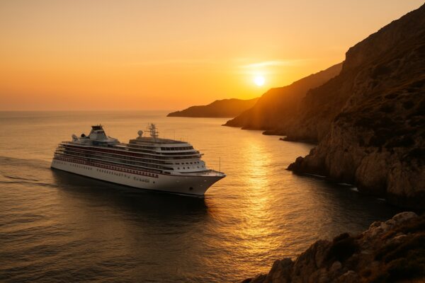 Kreuzfahrtschiff vor einer Mittelmeerküste im Abendlicht